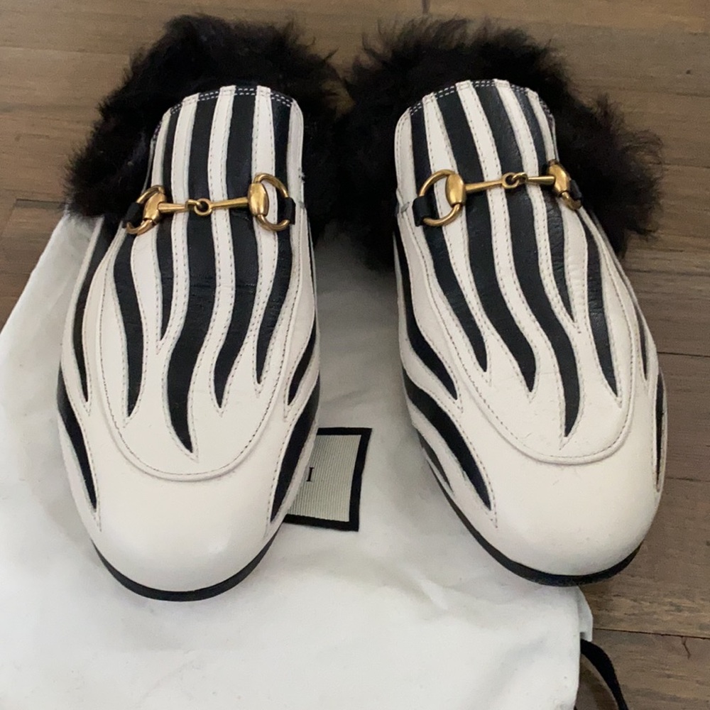 Gucci Zebra Stripe Mules with Gold Detail - Picture 2 of 8